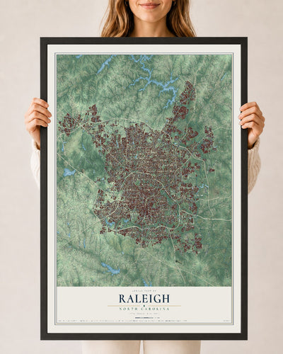 Map of Raleigh, North Carolina, 24 x 36 inch print in a black wood frame