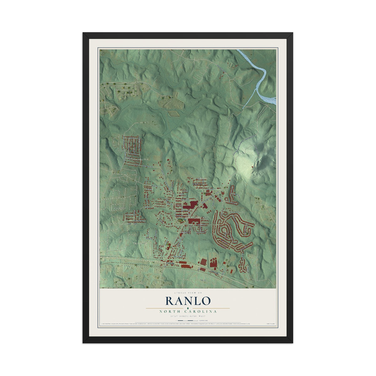 Map of Ranlo, North Carolina, 12 x 18 inch print in a black wood frame