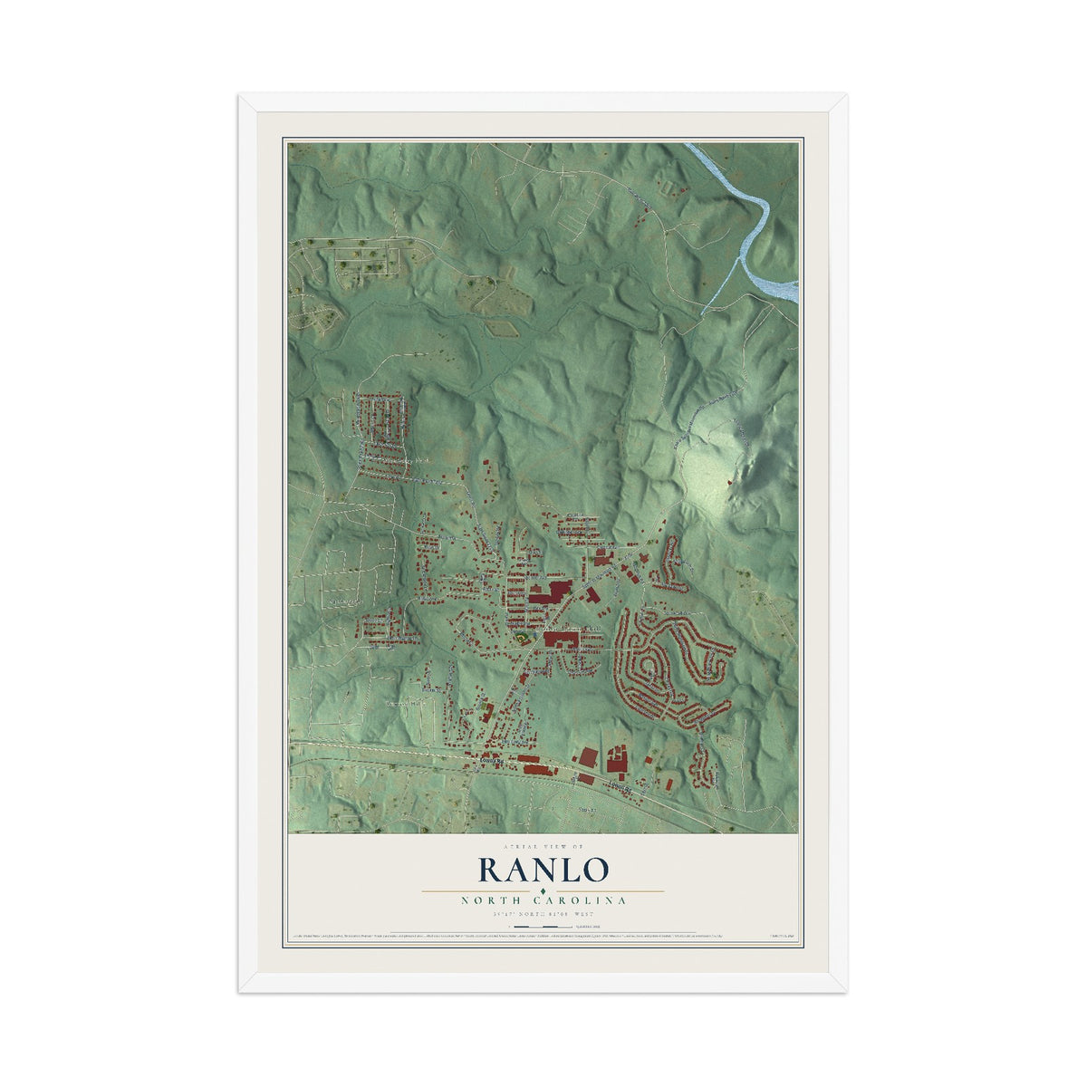 Map of Ranlo, North Carolina, 12 x 18 inch print in a white wood frame
