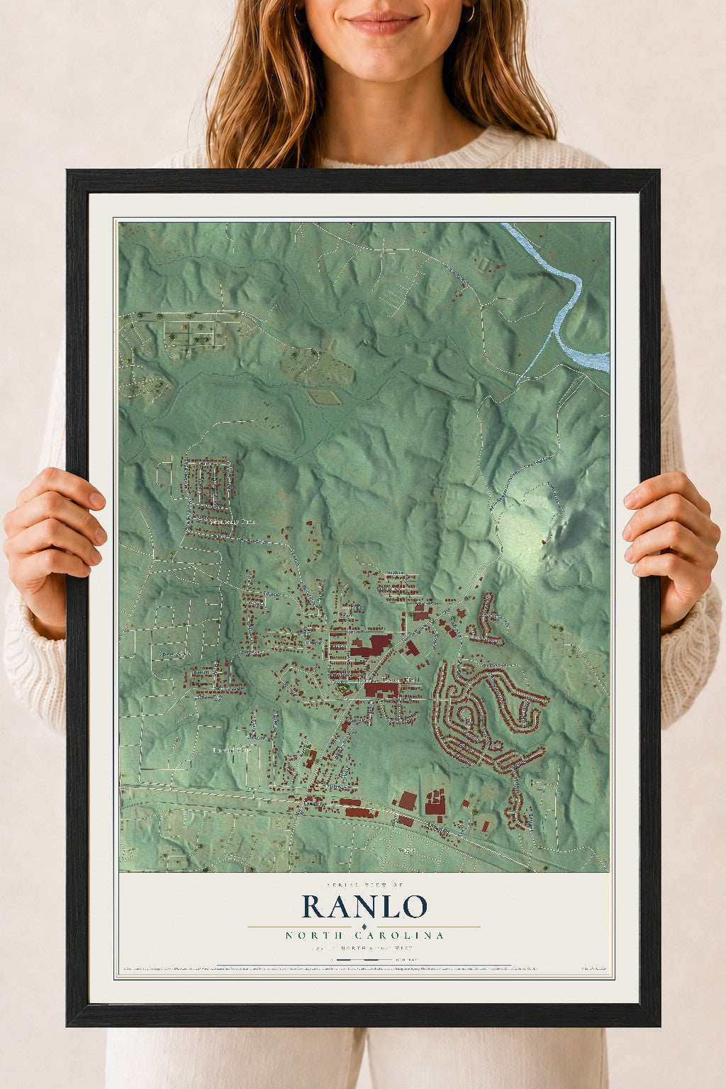Map of Ranlo, North Carolina, 18 x 24 inch print in a black wood frame