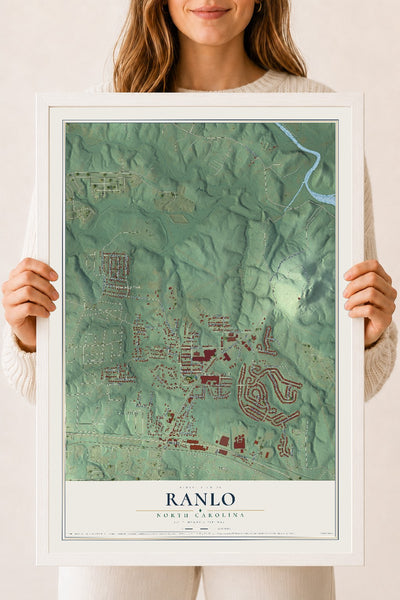 Map of Ranlo, North Carolina, 18 x 24 inch print in a white wood frame