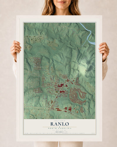 Map of Ranlo, North Carolina, 24 x 36 inch print in a white wood frame