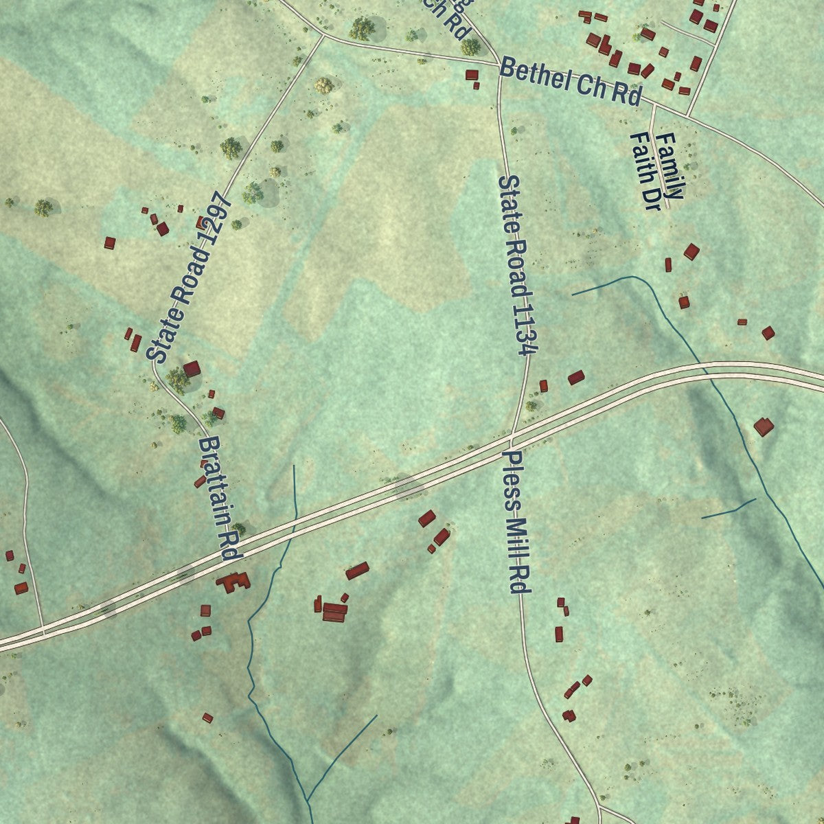 Close-up of the map of Red Cross, North Carolina print showing street and building detail