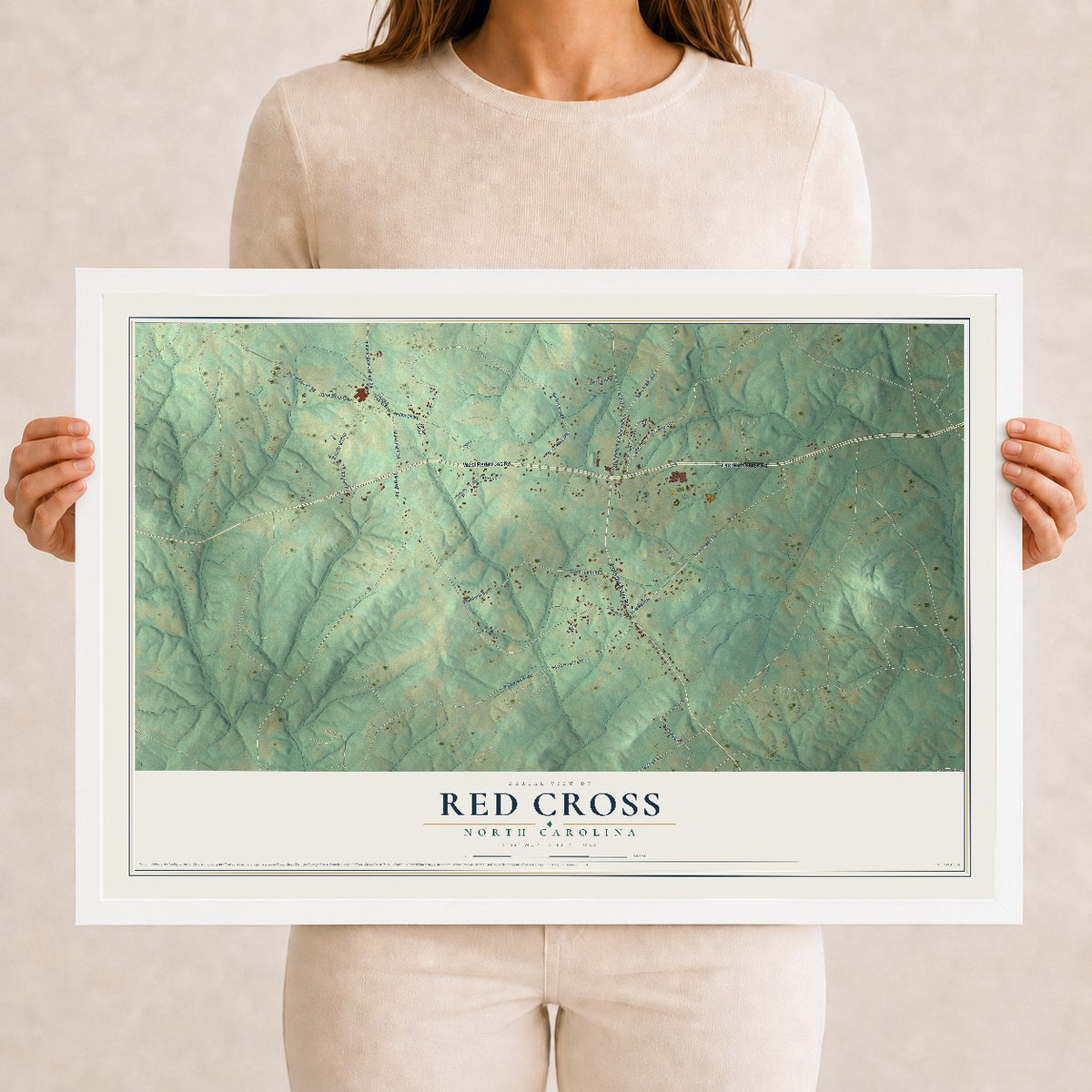 Map of Red Cross, North Carolina, 12 x 18 inch print in a white wood frame