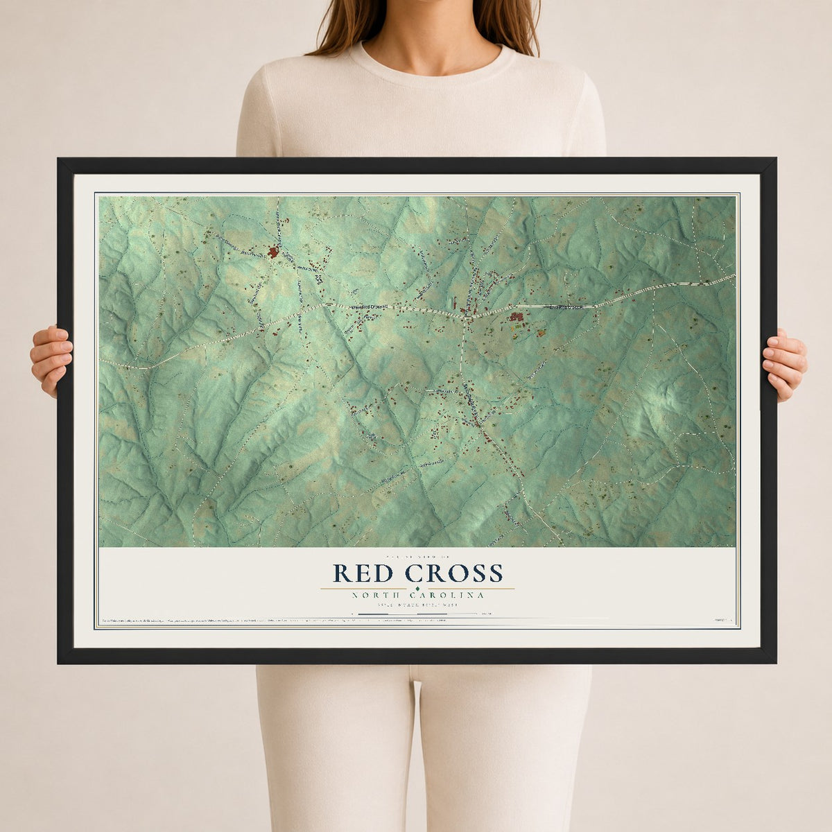 Map of Red Cross, North Carolina, 24 x 36 inch print in a black wood frame
