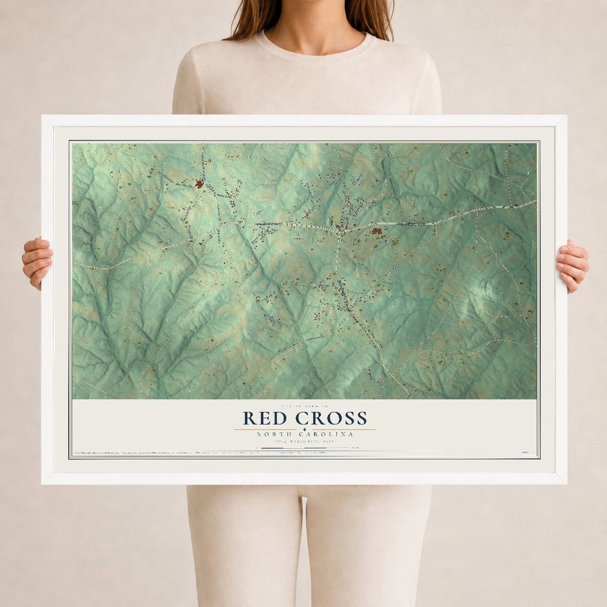 Map of Red Cross, North Carolina, 24 x 36 inch print in a white wood frame