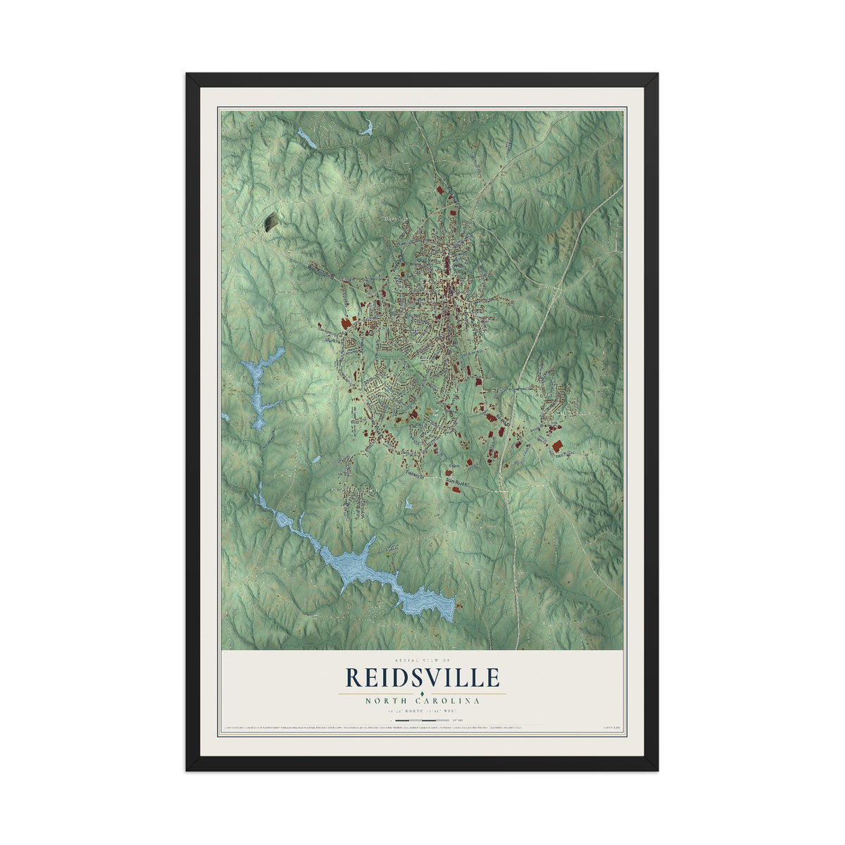 Map of Reidsville, North Carolina, 12 x 18 inch print in a black wood frame