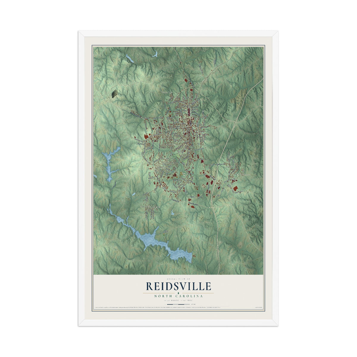 Map of Reidsville, North Carolina, 12 x 18 inch print in a white wood frame