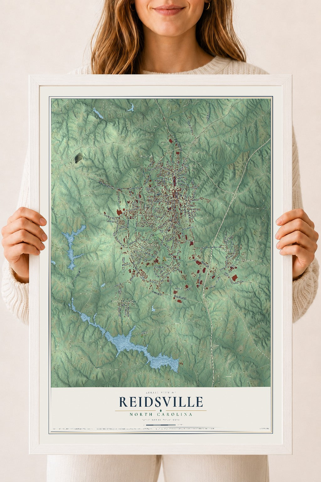 Map of Reidsville, North Carolina, 18 x 24 inch print in a white wood frame