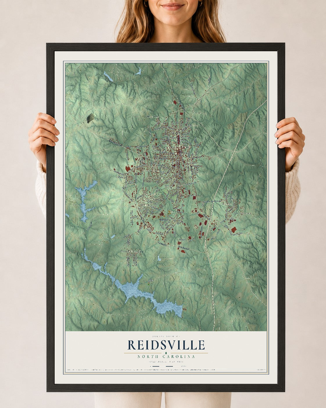 Map of Reidsville, North Carolina, 24 x 36 inch print in a black wood frame