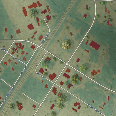 Close-up of the map of Rennert, North Carolina print showing street and building detail