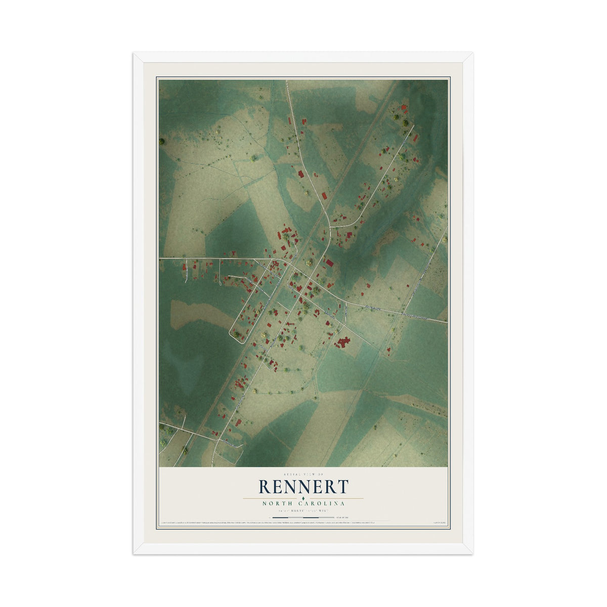 Map of Rennert, North Carolina, 12 x 18 inch print in a white wood frame