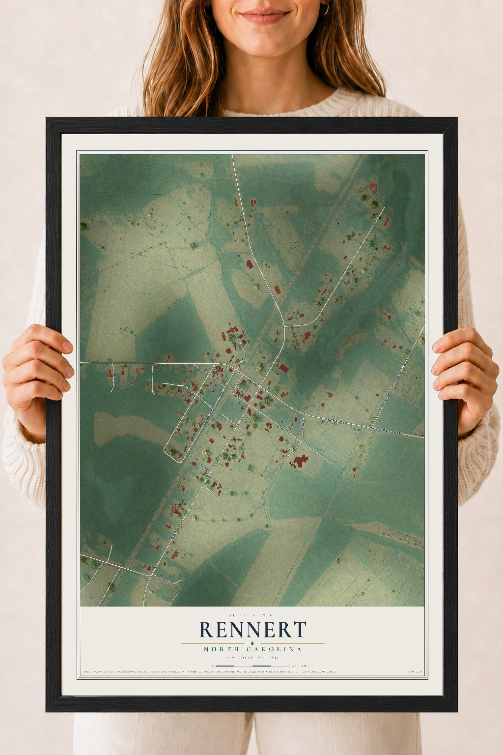 Map of Rennert, North Carolina, 18 x 24 inch print in a black wood frame