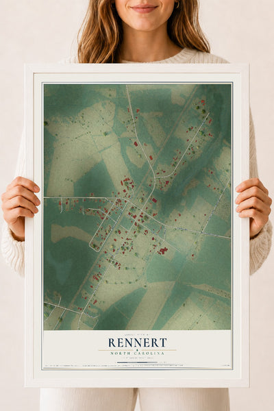 Map of Rennert, North Carolina, 18 x 24 inch print in a white wood frame