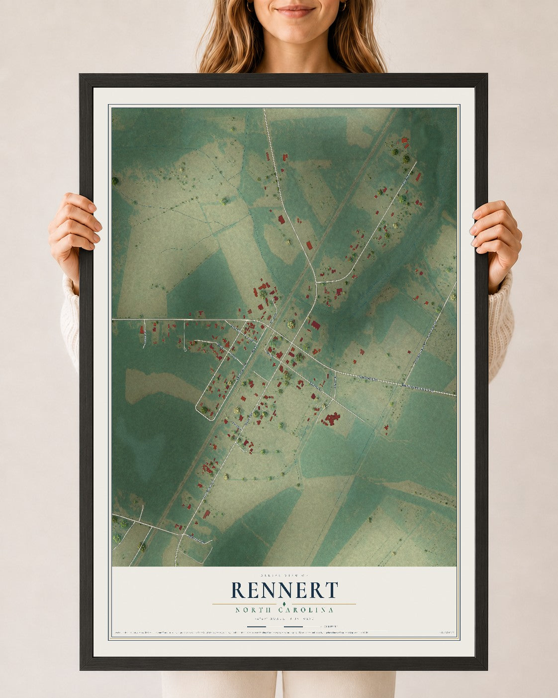 Map of Rennert, North Carolina, 24 x 36 inch print in a black wood frame