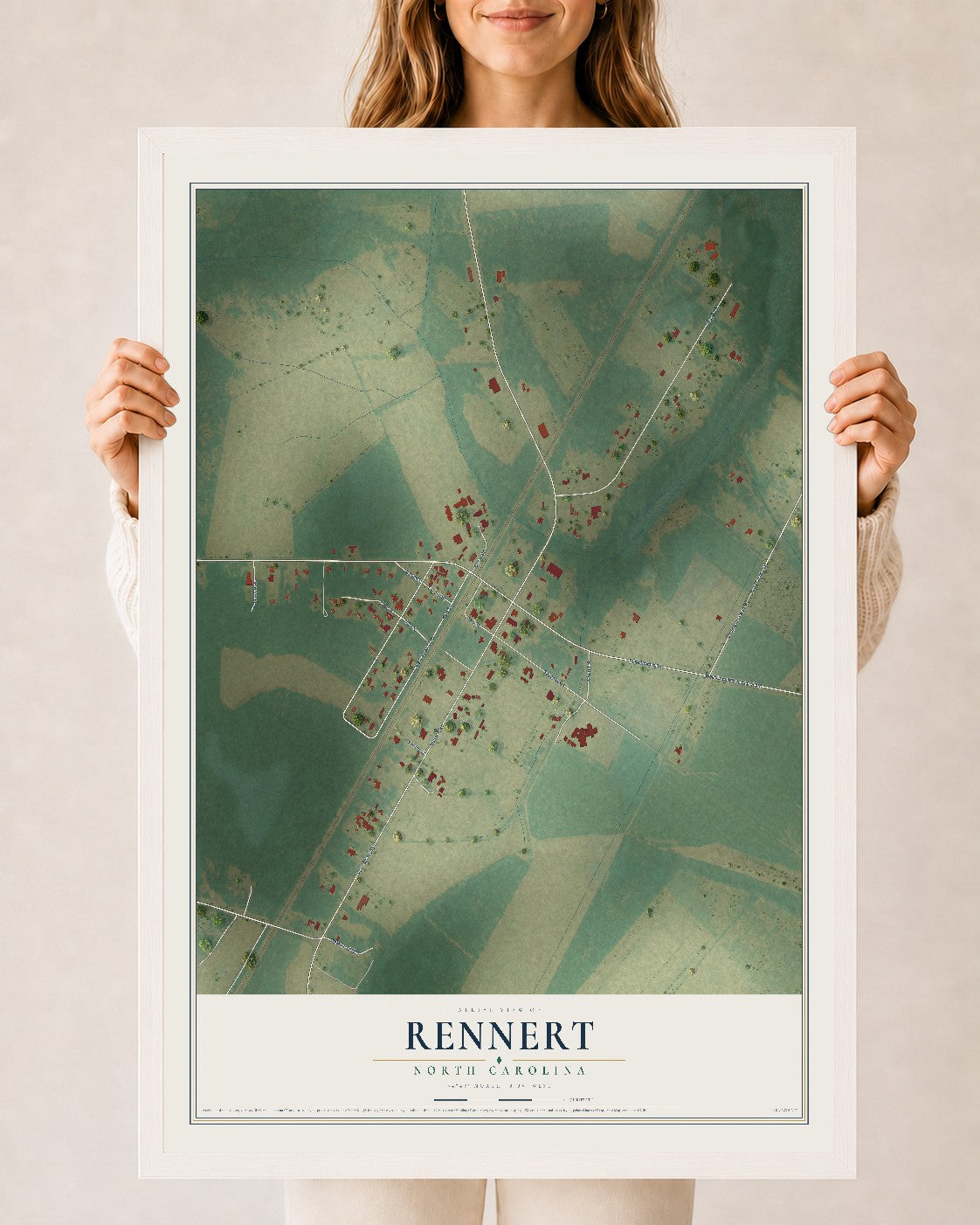 Map of Rennert, North Carolina, 24 x 36 inch print in a white wood frame