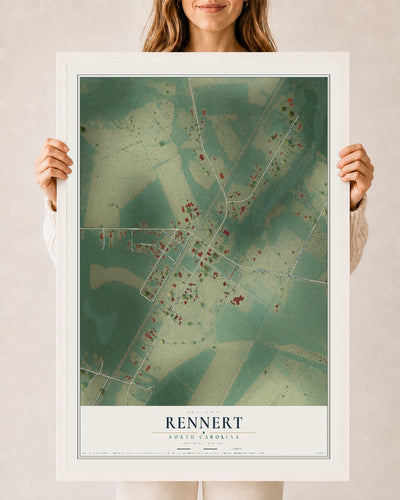 Map of Rennert, North Carolina, 24 x 36 inch print in a white wood frame