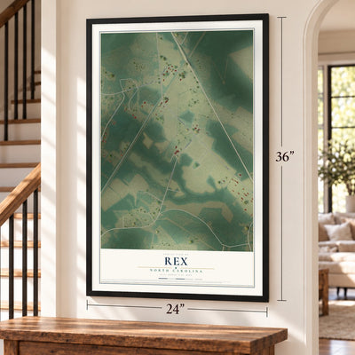 Rex, North Carolina map, 24 x 36 inch print in a black frame by a staircase