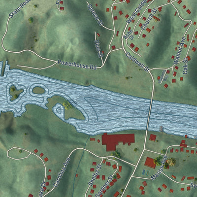 Close-up of the map of Rhodhiss, North Carolina print showing street and building detail