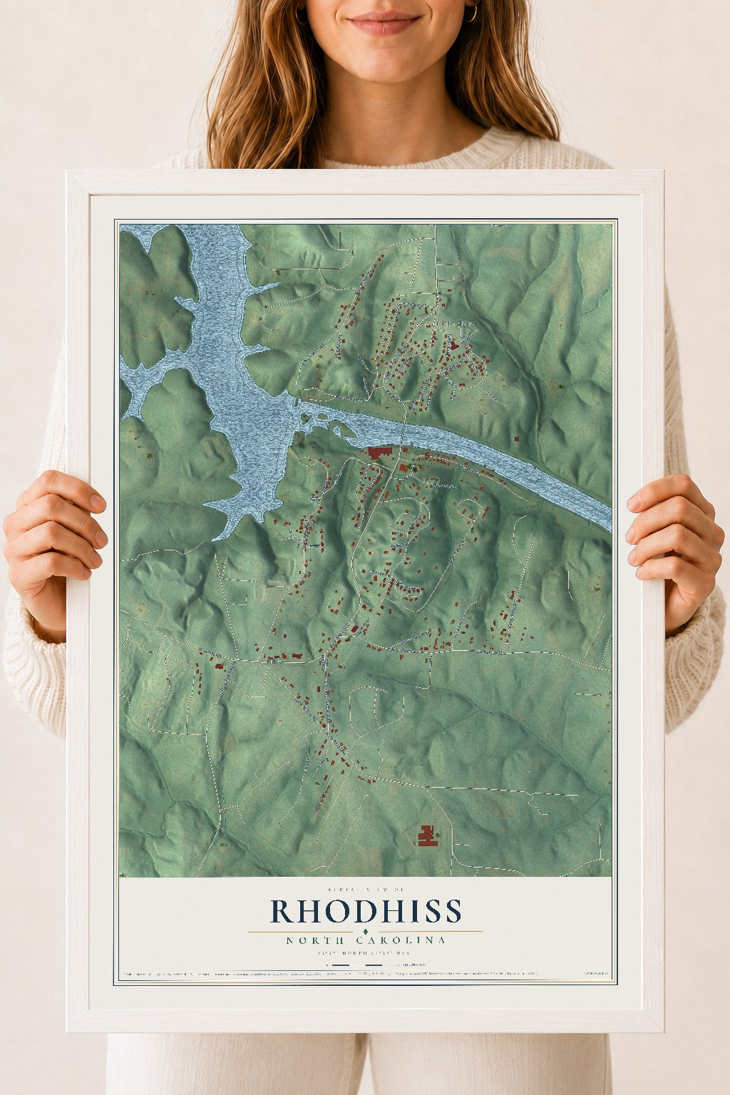 Map of Rhodhiss, North Carolina, 18 x 24 inch print in a white wood frame