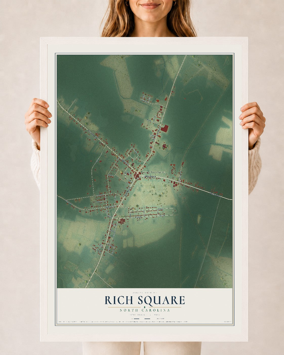 Map of Rich Square, North Carolina, 24 x 36 inch print in a white wood frame