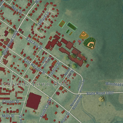 Close-up of the map of Richlands, North Carolina print showing street and building detail