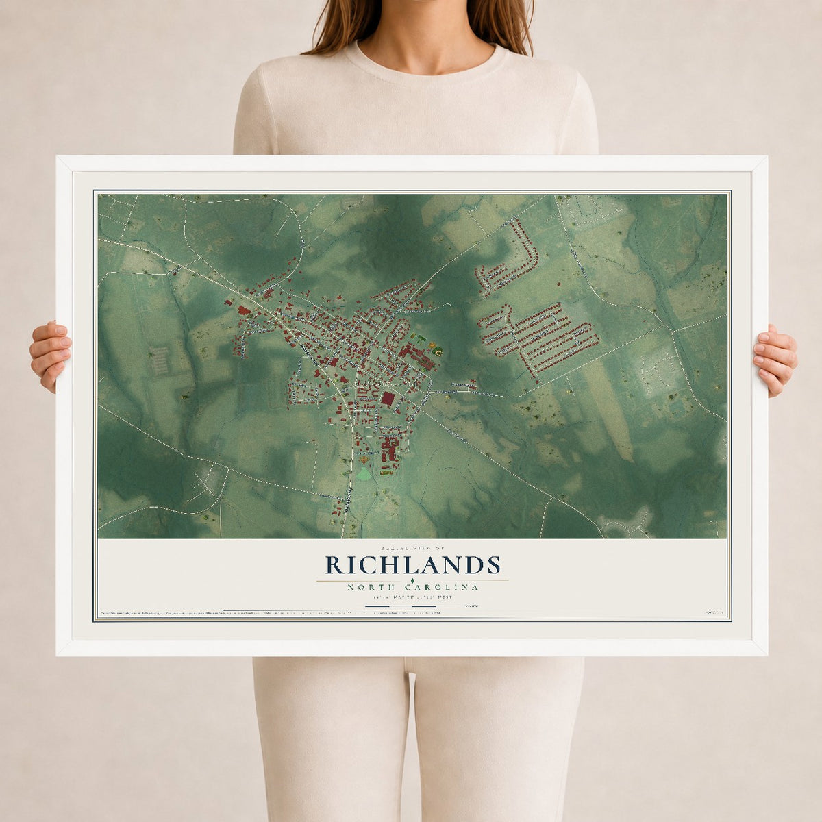 Map of Richlands, North Carolina, 24 x 36 inch print in a white wood frame