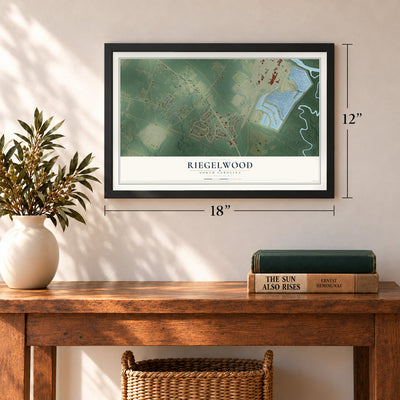 Riegelwood, North Carolina map, 12 x 18 inch print in a black frame in an entryway