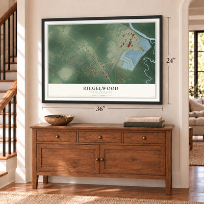 Riegelwood, North Carolina map, 24 x 36 inch print in a black frame above a dresser by a staircase