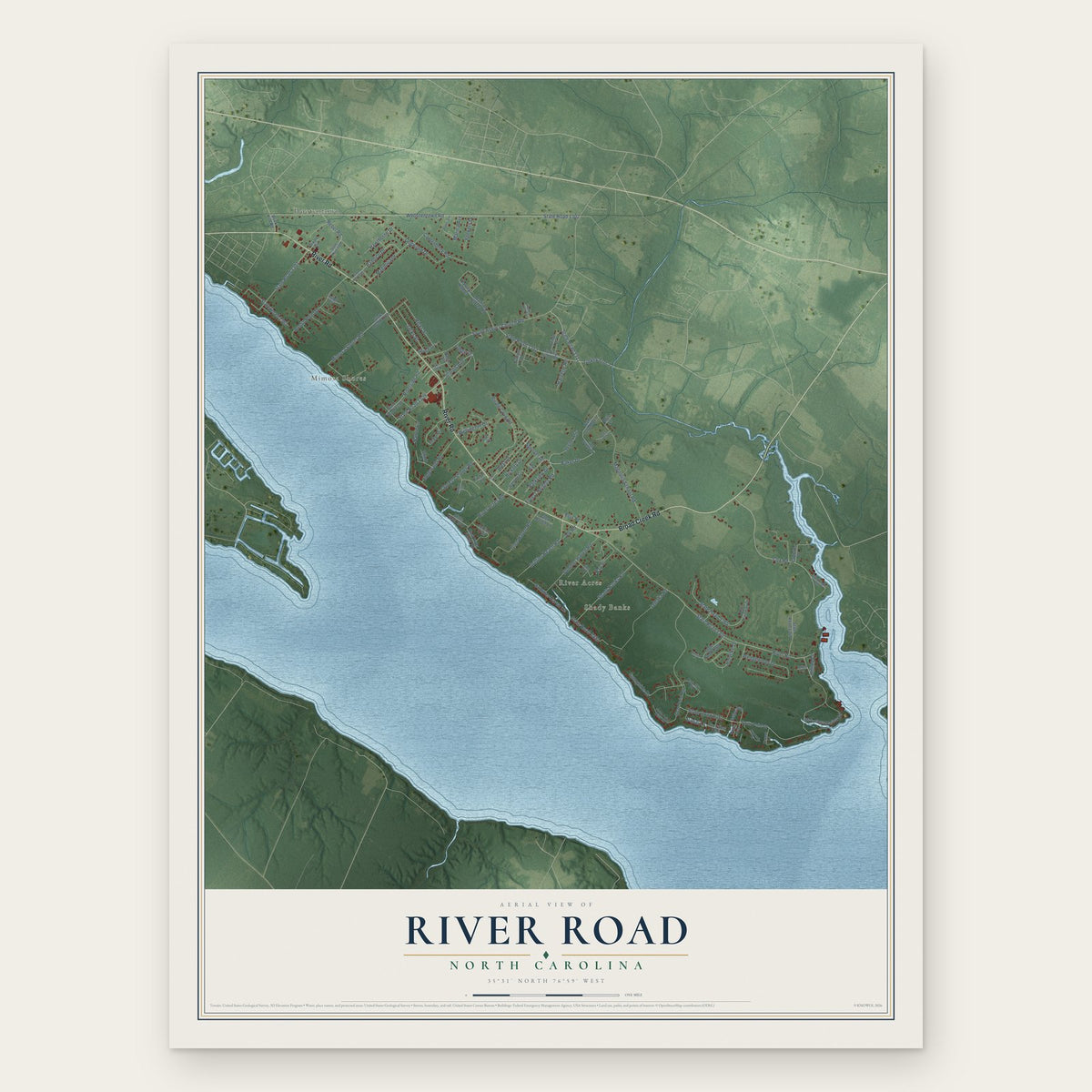 River Road, North Carolina map print, the full design