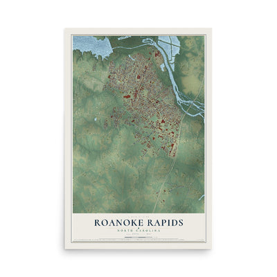 Map of Roanoke Rapids, North Carolina, 12 x 18 inch unframed archival matte print