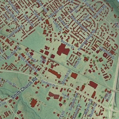 Second close-up of the map of Roanoke Rapids, North Carolina print showing more streets and buildings
