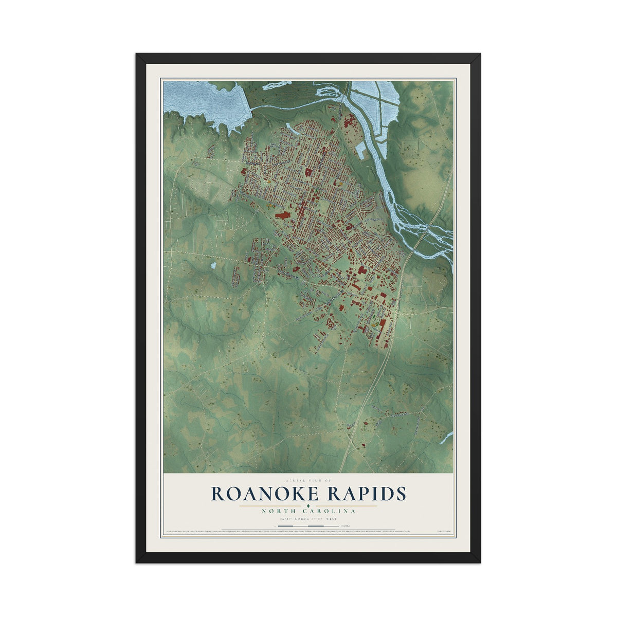 Map of Roanoke Rapids, North Carolina, 12 x 18 inch print in a black wood frame