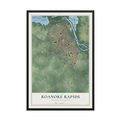 Map of Roanoke Rapids, North Carolina, 12 x 18 inch print in a black wood frame