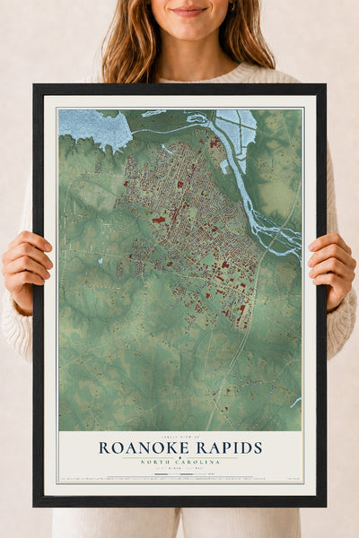 Map of Roanoke Rapids, North Carolina, 18 x 24 inch print in a black wood frame
