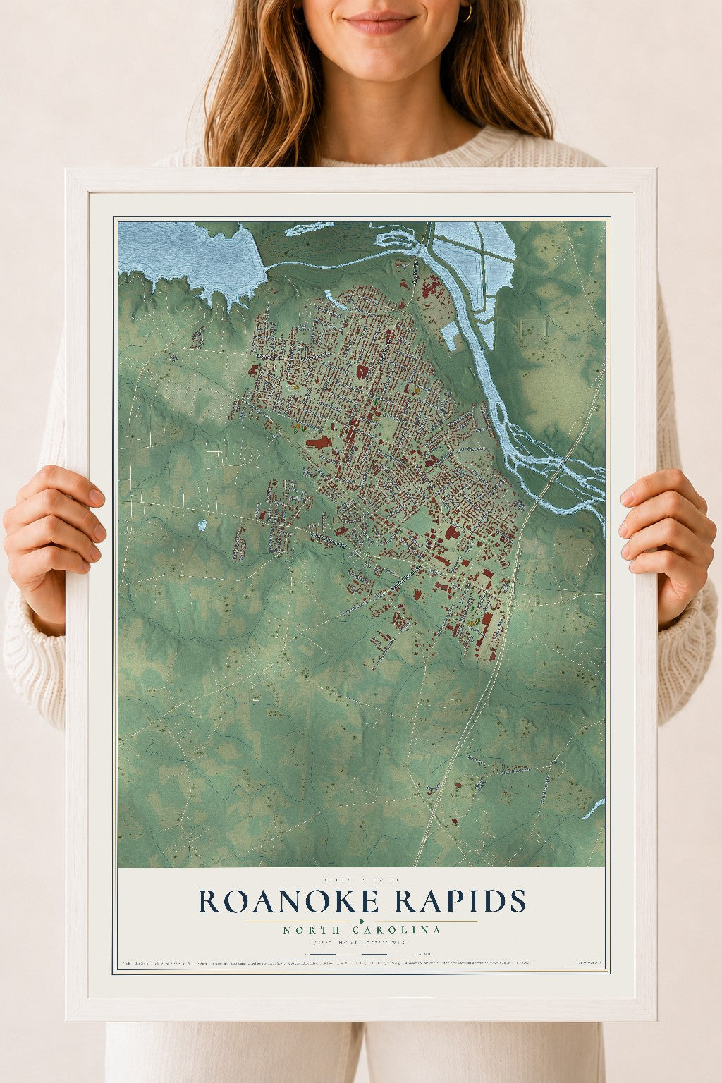 Map of Roanoke Rapids, North Carolina, 18 x 24 inch print in a white wood frame