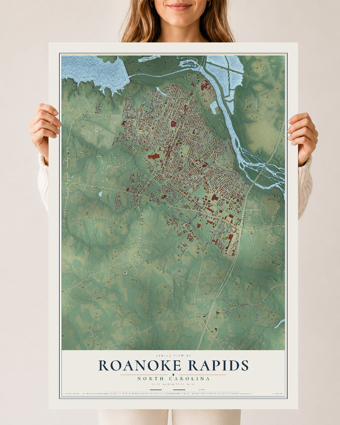 Map of Roanoke Rapids, North Carolina, 24 x 36 inch unframed archival matte print