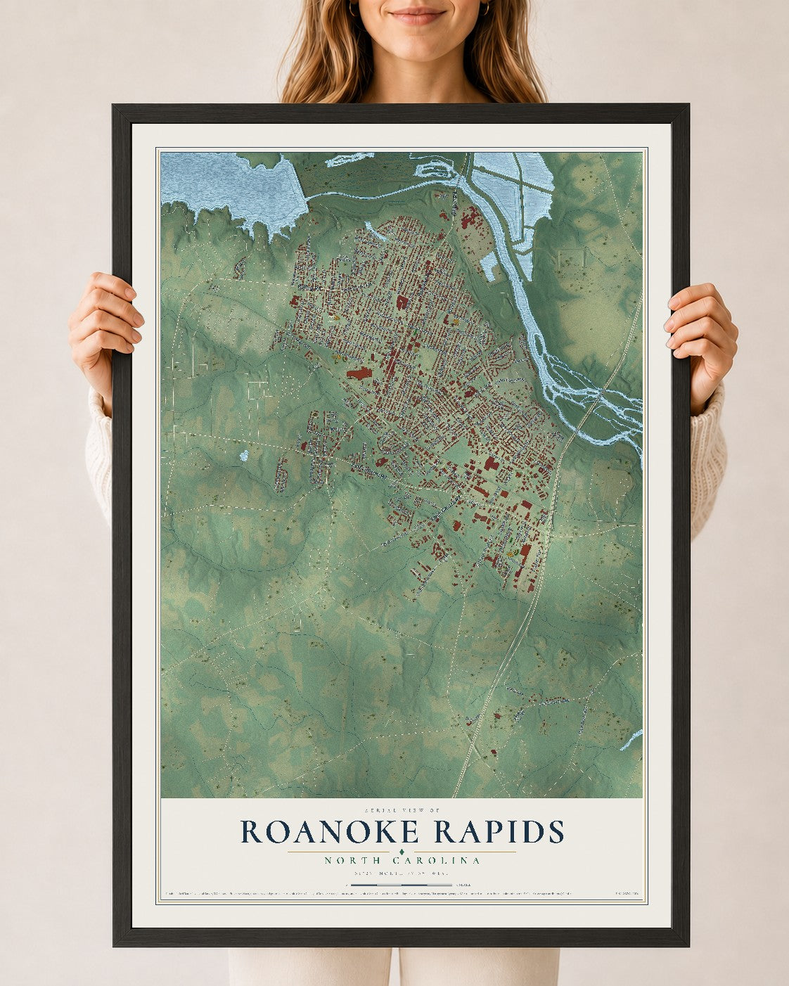 Map of Roanoke Rapids, North Carolina, 24 x 36 inch print in a black wood frame