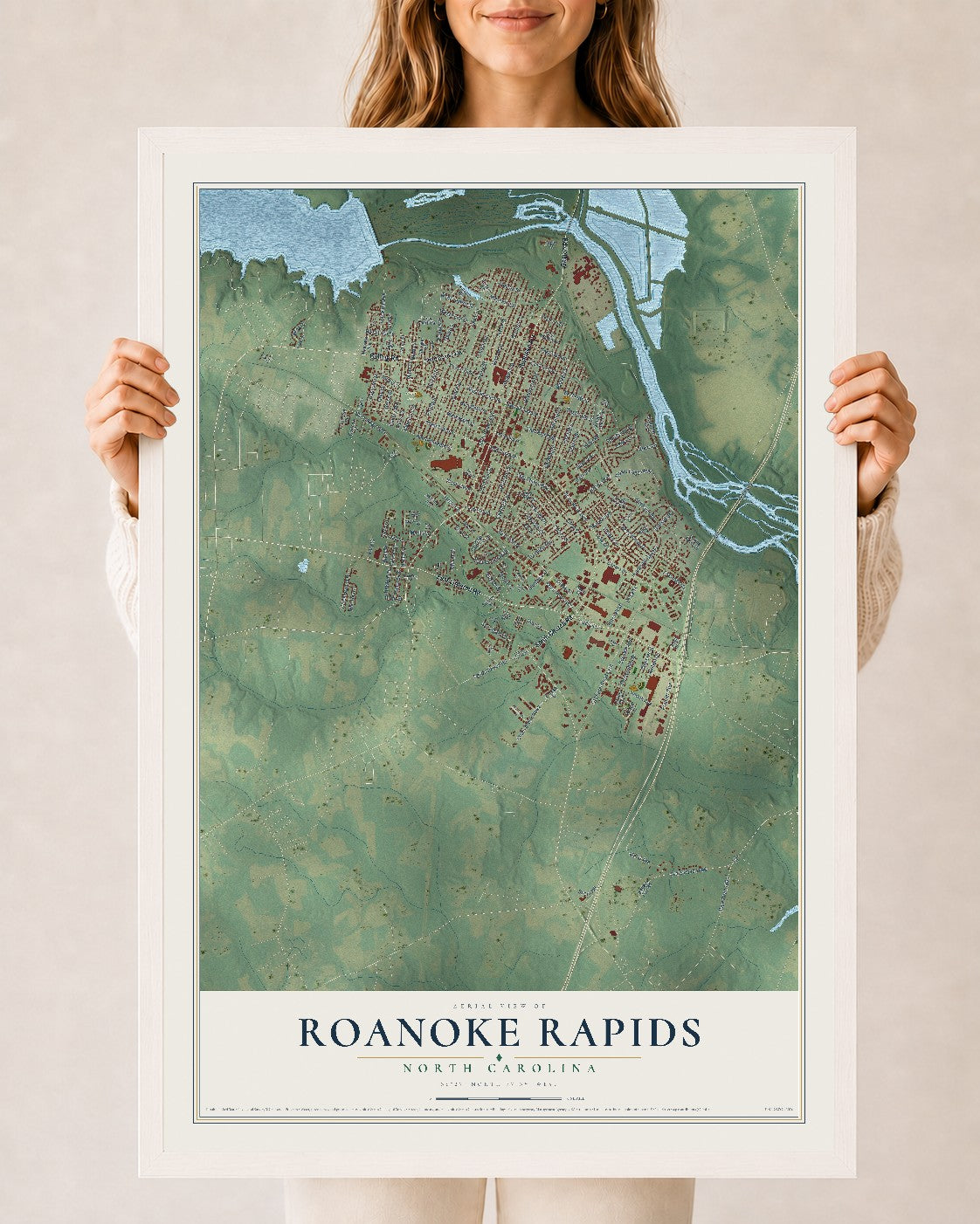 Map of Roanoke Rapids, North Carolina, 24 x 36 inch print in a white wood frame