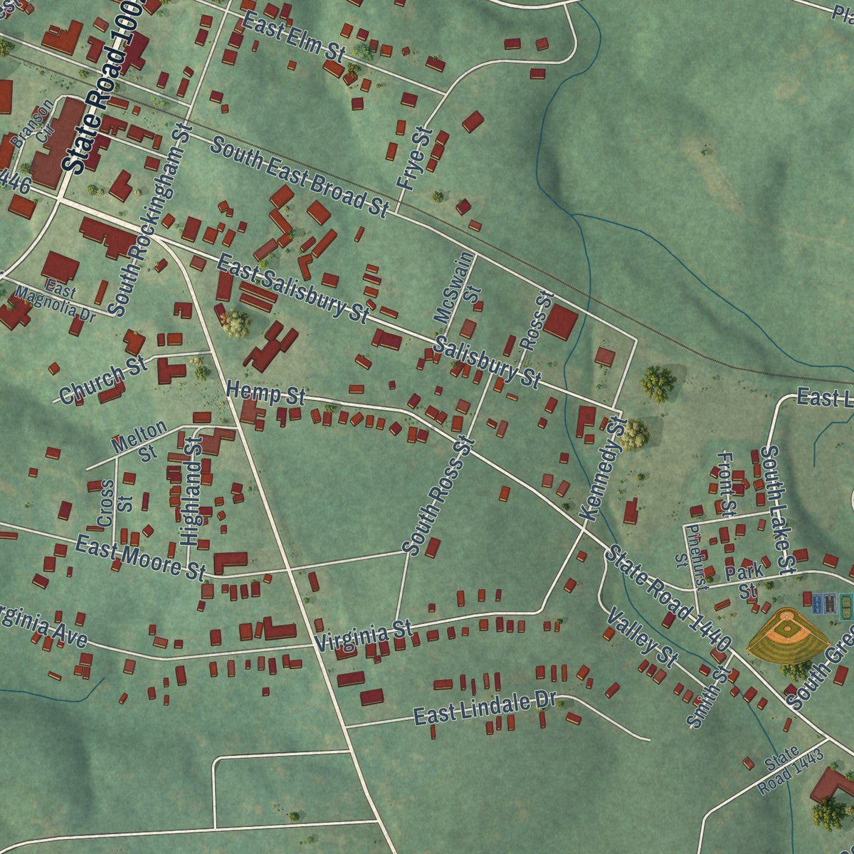 Close-up of the map of Robbins, North Carolina print showing street and building detail