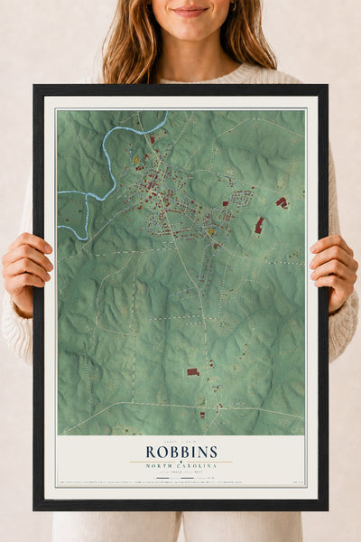 Map of Robbins, North Carolina, 18 x 24 inch print in a black wood frame