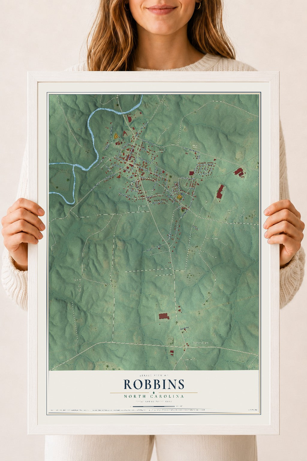 Map of Robbins, North Carolina, 18 x 24 inch print in a white wood frame