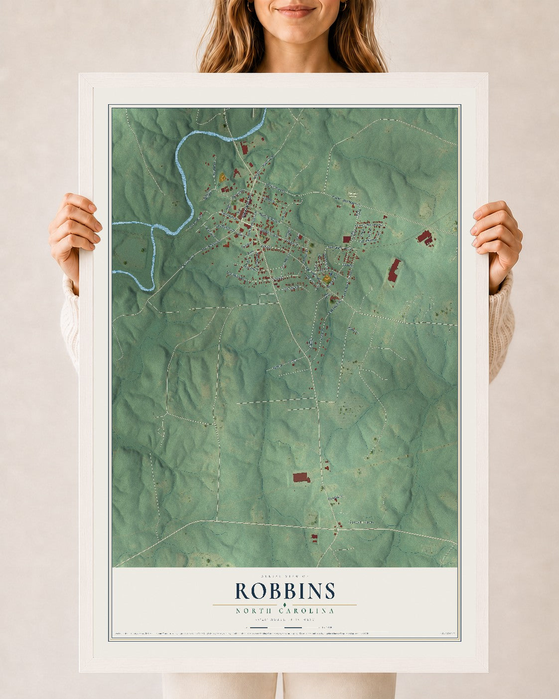 Map of Robbins, North Carolina, 24 x 36 inch print in a white wood frame