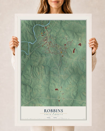Map of Robbins, North Carolina, 24 x 36 inch print in a white wood frame