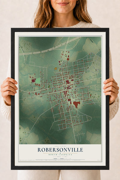 Map of Robersonville, North Carolina, 18 x 24 inch print in a black wood frame