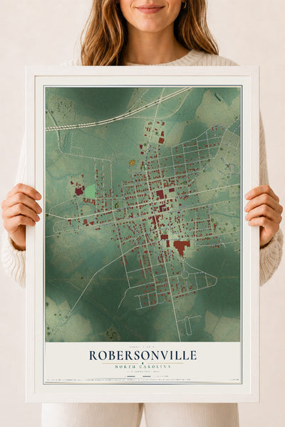 Map of Robersonville, North Carolina, 18 x 24 inch print in a white wood frame
