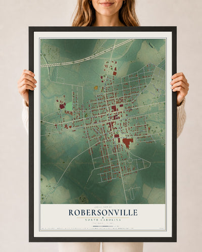 Map of Robersonville, North Carolina, 24 x 36 inch print in a black wood frame