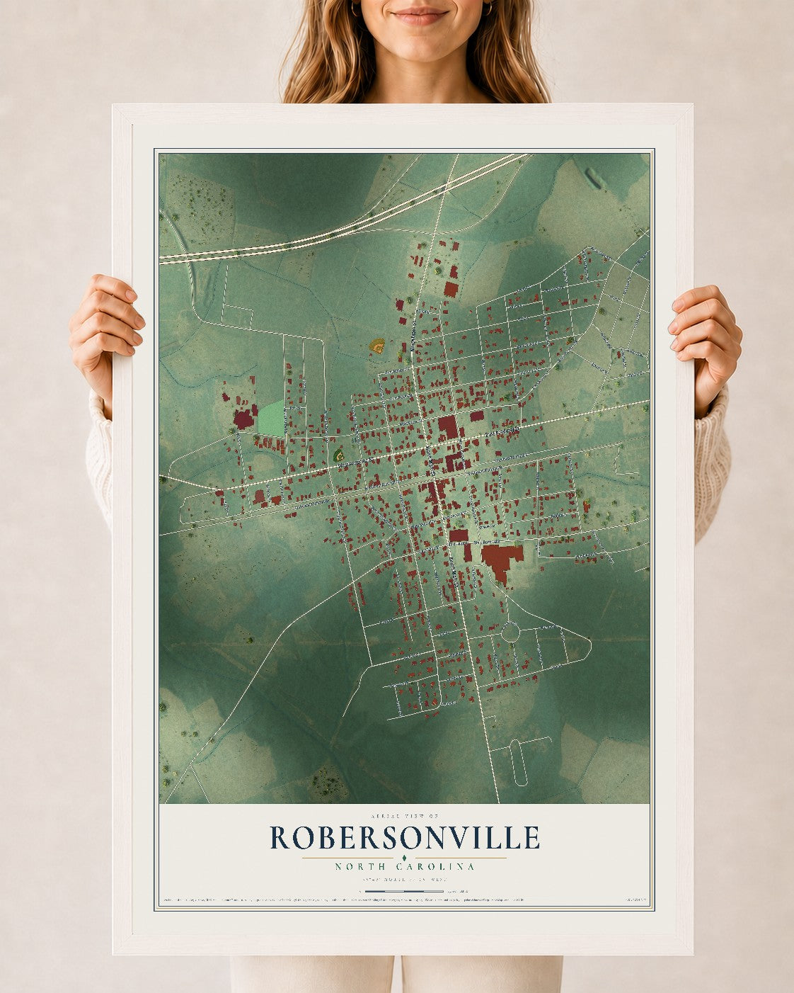 Map of Robersonville, North Carolina, 24 x 36 inch print in a white wood frame