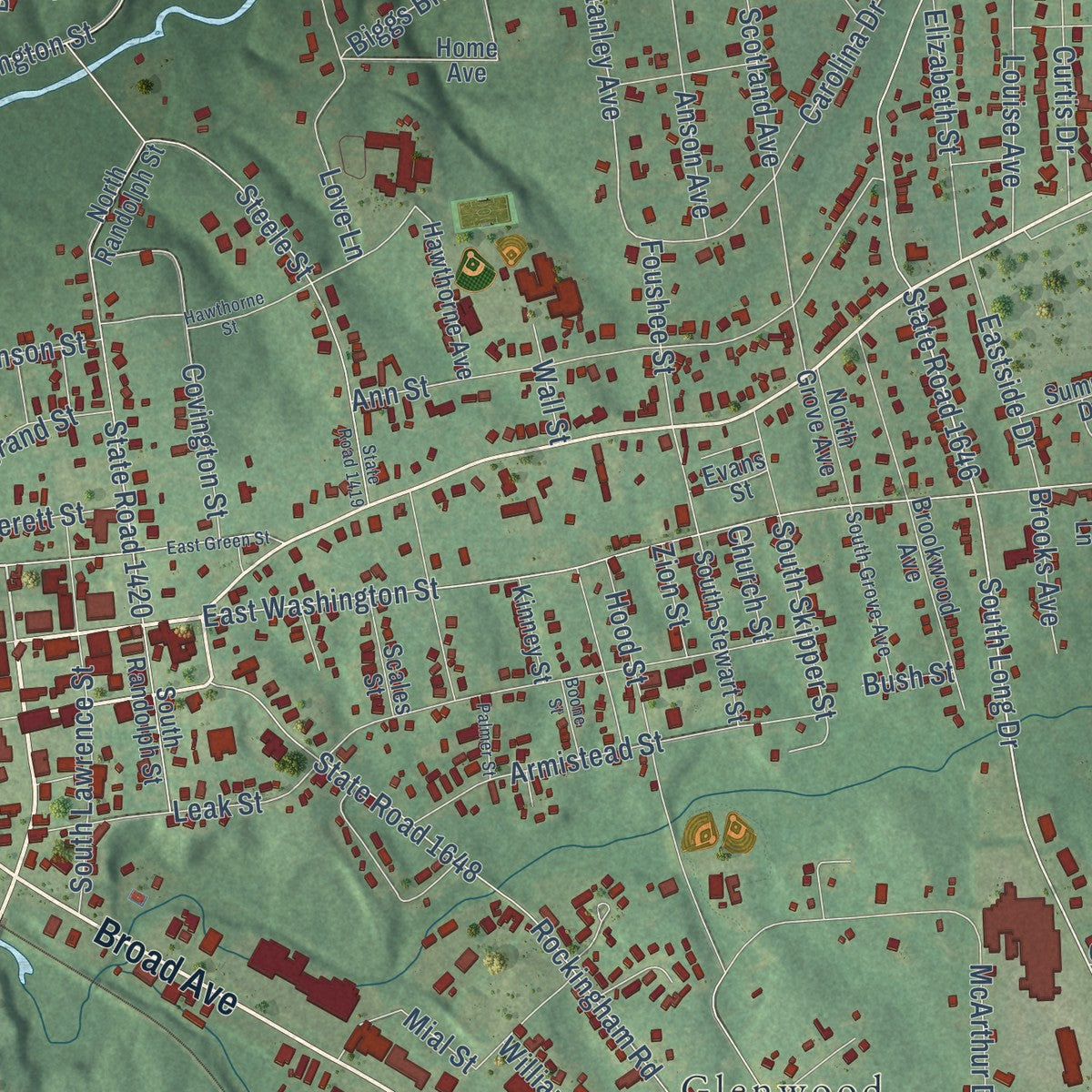 Close-up of the map of Rockingham, North Carolina print showing street and building detail