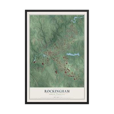Map of Rockingham, North Carolina, 12 x 18 inch print in a black wood frame